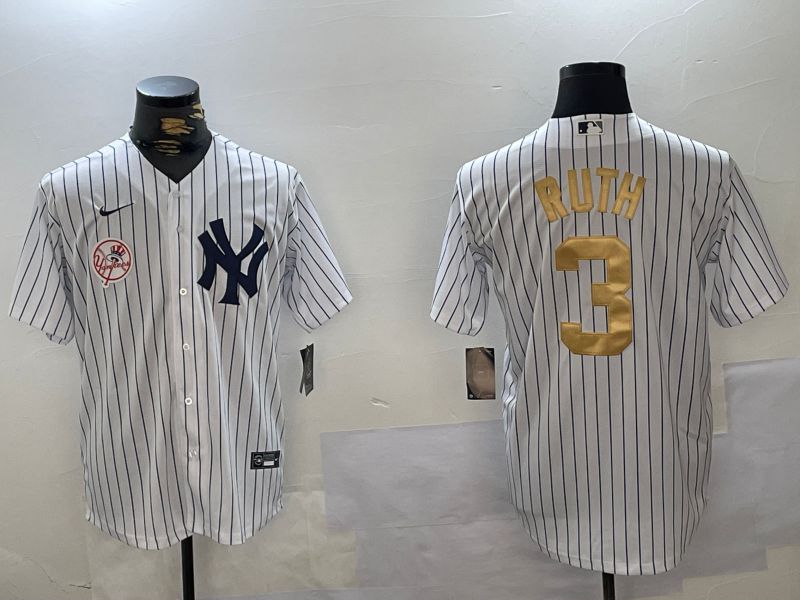 Men New York Yankees #3 Ruth White Stripe Fashion Nike 2024 MLB Jersey style 15